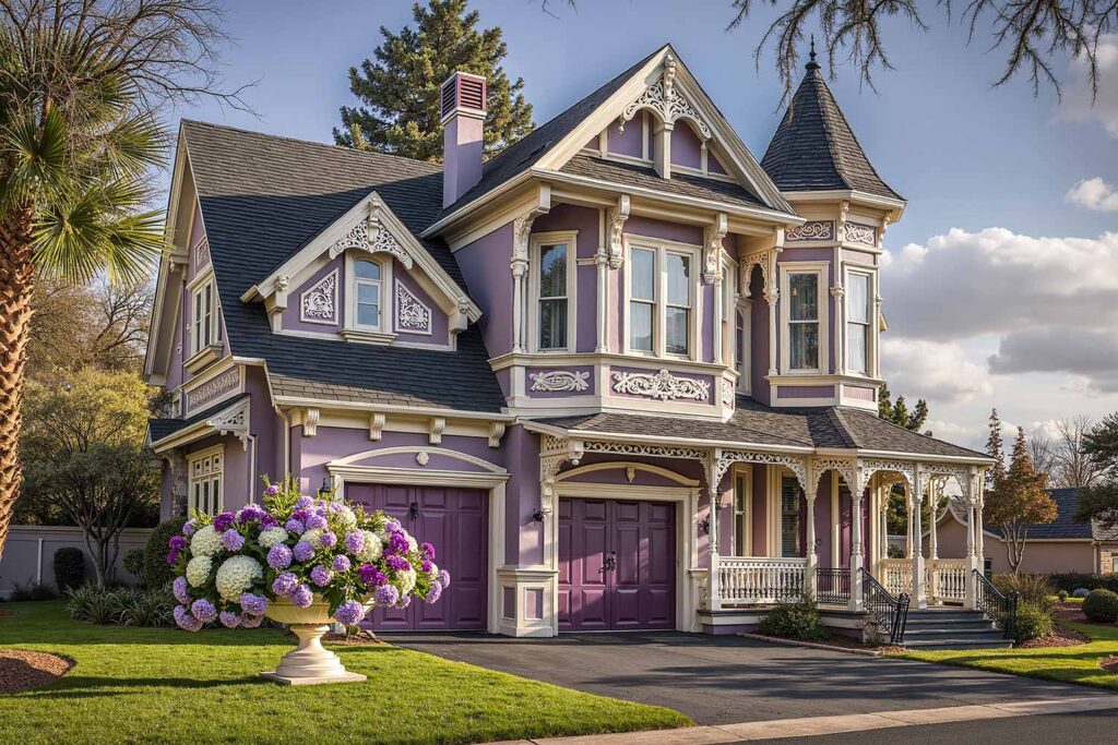 Victorian Elegance Home with Dusty Purple Walls Off-White Trim and Dark Plum Door, Outside paint options, Exterior design palettes, Outdoor home color concepts, External wall color selections, home exterior paint hues, Residence color selections, Property painting shades, home paint color choices, Architectural paint palettes, painters in Scottsdale, Phoenix home painter, Phoenix house painter