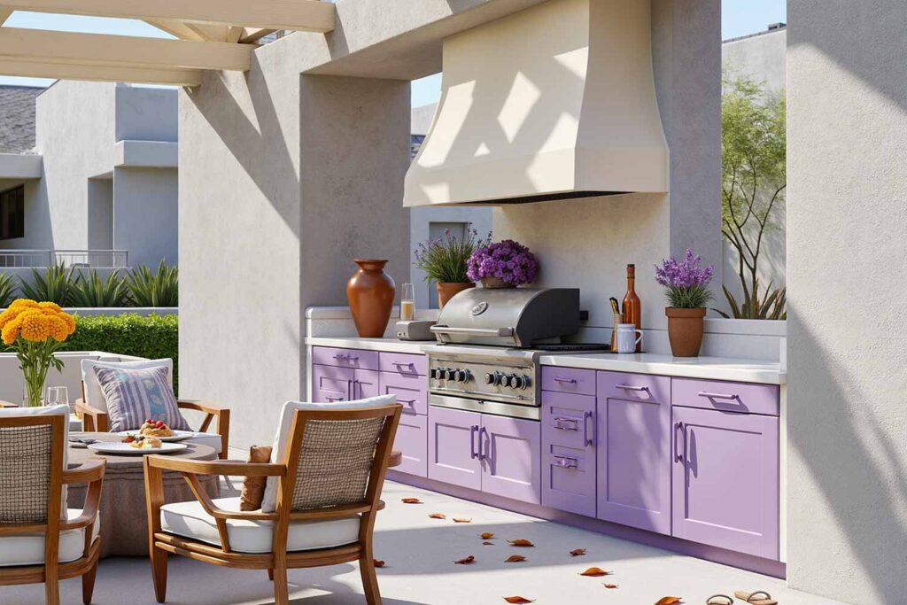 Whimsical Contemporary Patio Kitchen with Lavender Cabinets and Cream Trim, deck kitchen cabinet finishes, how to choose outdoor kitchen cabinet colors, coordinating patio cabinet colors with house exterior, best paint for outdoor kitchen cabinets, weatherproof cabinet color ideas, matching trim colors with outdoor cabinets, exterior cabinet and ceiling color combinations, durable paint for outdoor cabinetry, personality-expressing patio cabinet colors