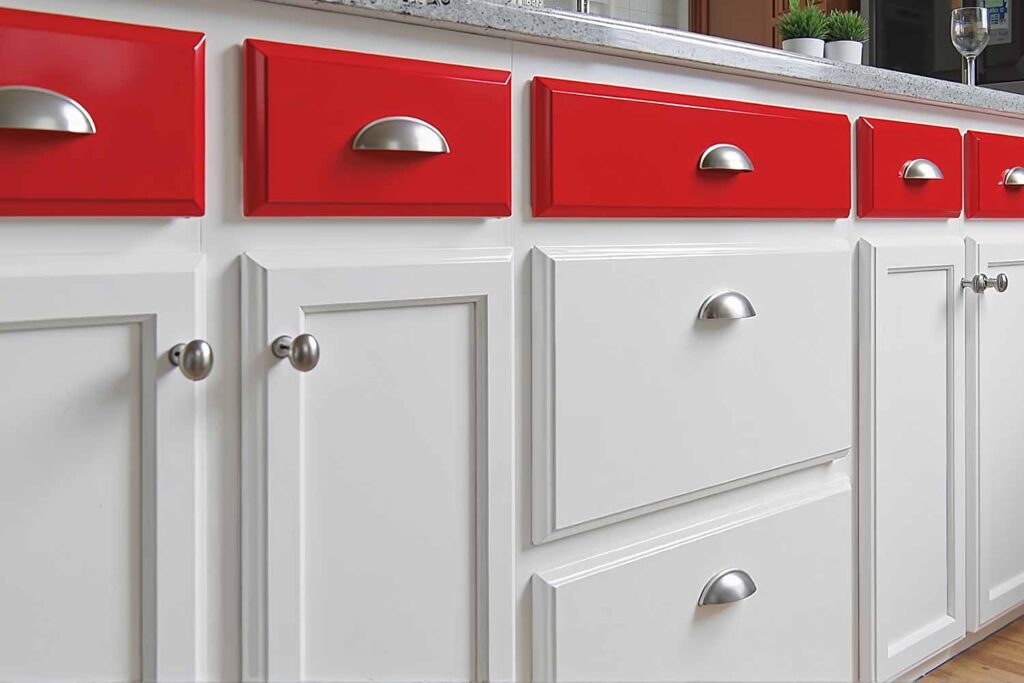 White Kitchen Cabinets With Bright Red Drawers and Brushed Nickel Handles, painting kitchen cabinets, cabinet painting, cabinet paint transformation, refreshing cabinets, updating kitchen cabinets, cabinet color application, painting contractor, professional painter, cabinet painting expert, painting professional, cabinet refresh concepts, cabinet update inspiration, cabinet renovation ideas, cabinet redesign strategies, creative kitchen cabinets