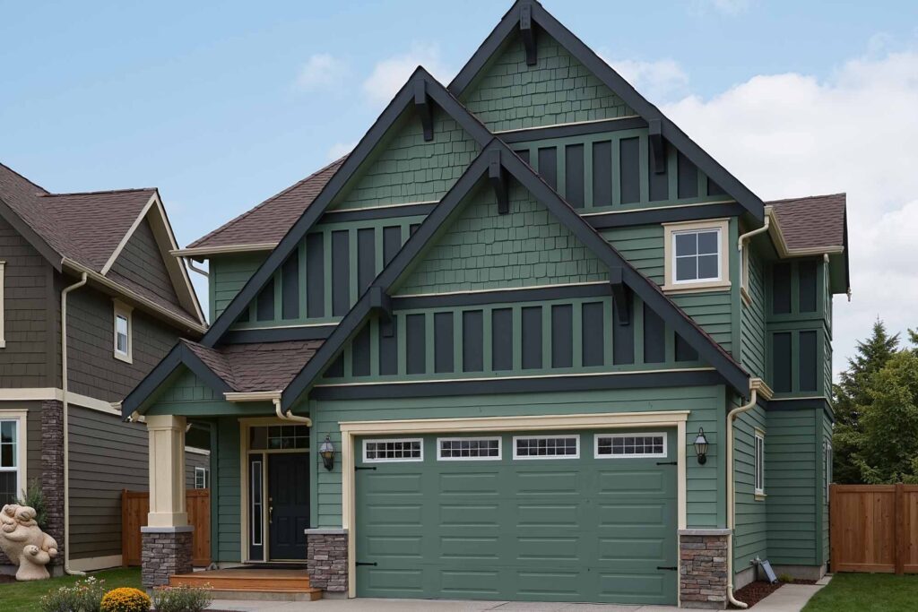Arcadia Craftsman Style House with Green Walls and Dark Green Gables, coloring triangular wall ends, finishing triangular facade sections, coating gable faces, gable end coloration, peak end finishing, applying paint to architectural peaks, finishing triangular roof sections, house painting exterior