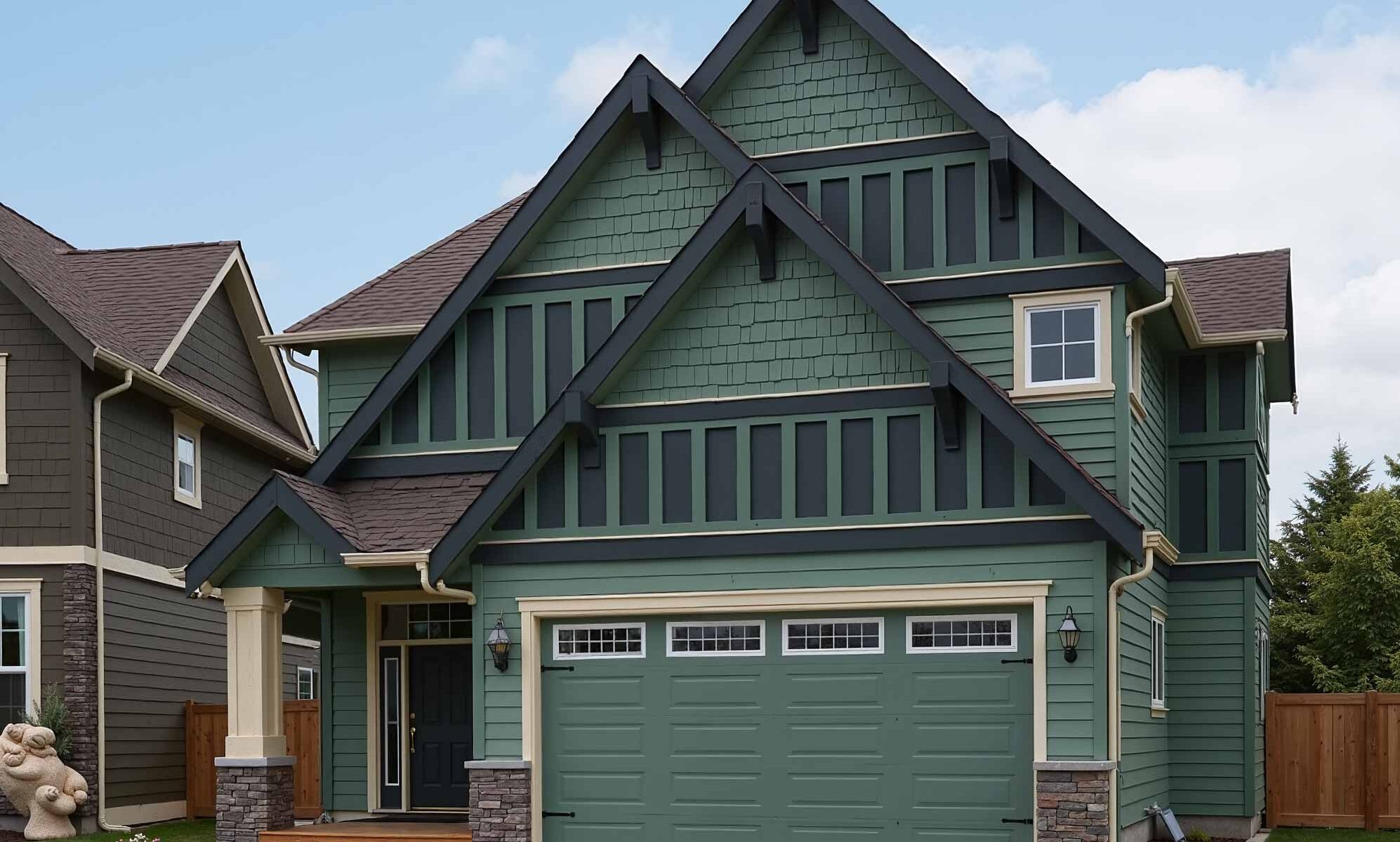 Arcadia Craftsman Style House with Green Walls and Dark Green Gables, coloring triangular wall ends, finishing triangular facade sections, coating gable faces, gable end coloration, peak end finishing, applying paint to architectural peaks, finishing triangular roof sections, house painting exterior