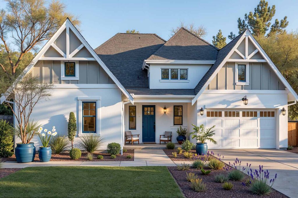Arcadia Farmhouse with White Walls Taupe Gables White Trim and Blue Door, coloring triangular wall ends, finishing triangular facade sections, coating gable faces, gable end coloration, peak end finishing, applying paint to architectural peaks, finishing triangular roof sections, house painting exterior