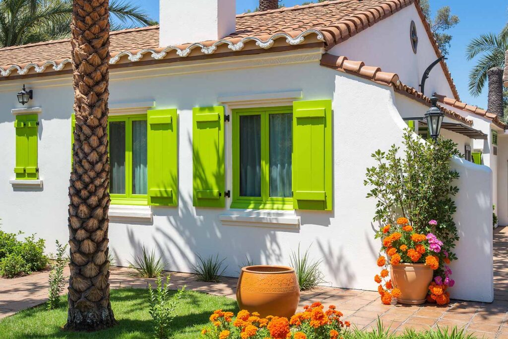 Arcadia Spanish Revival Home with White Stucco Walls and Electric Lime Shutters, shutter color guide, window trim colors, shutter coating types, shutter color matching, shutter design colors, shutter painter, painting contractor Phoenix