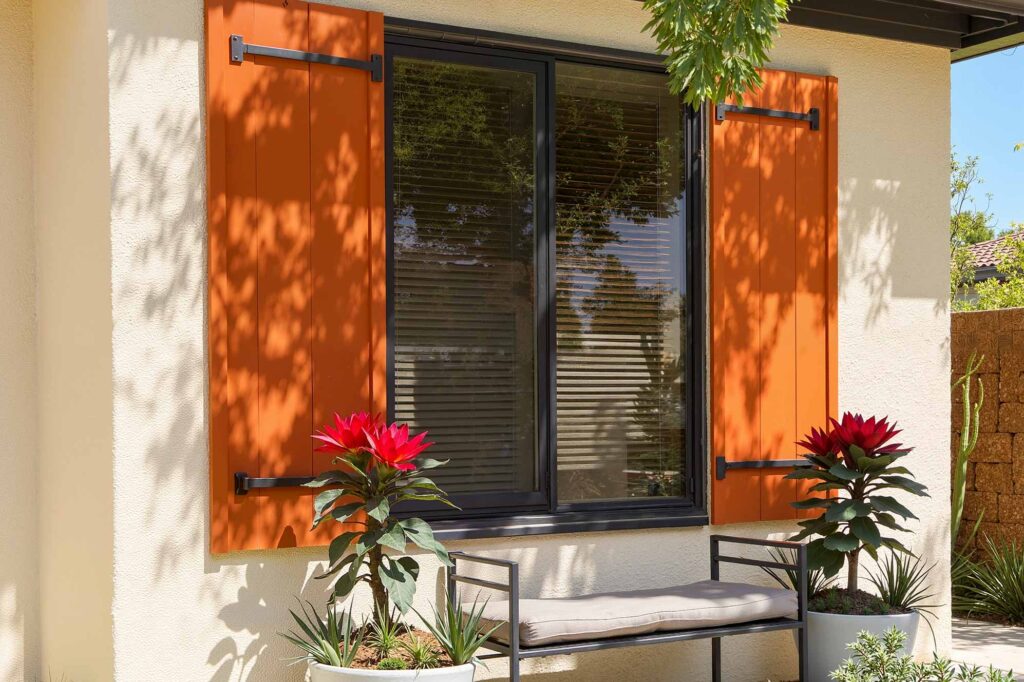 Arizona Desert Ranch with Sand-Colored Walls and Fiery Orange Shutters, shutter color ideas, shutter colors, shutter paint colors, shutter color trends, shutter color combinations, window shutter hues, painting shutters, Phoenix painter