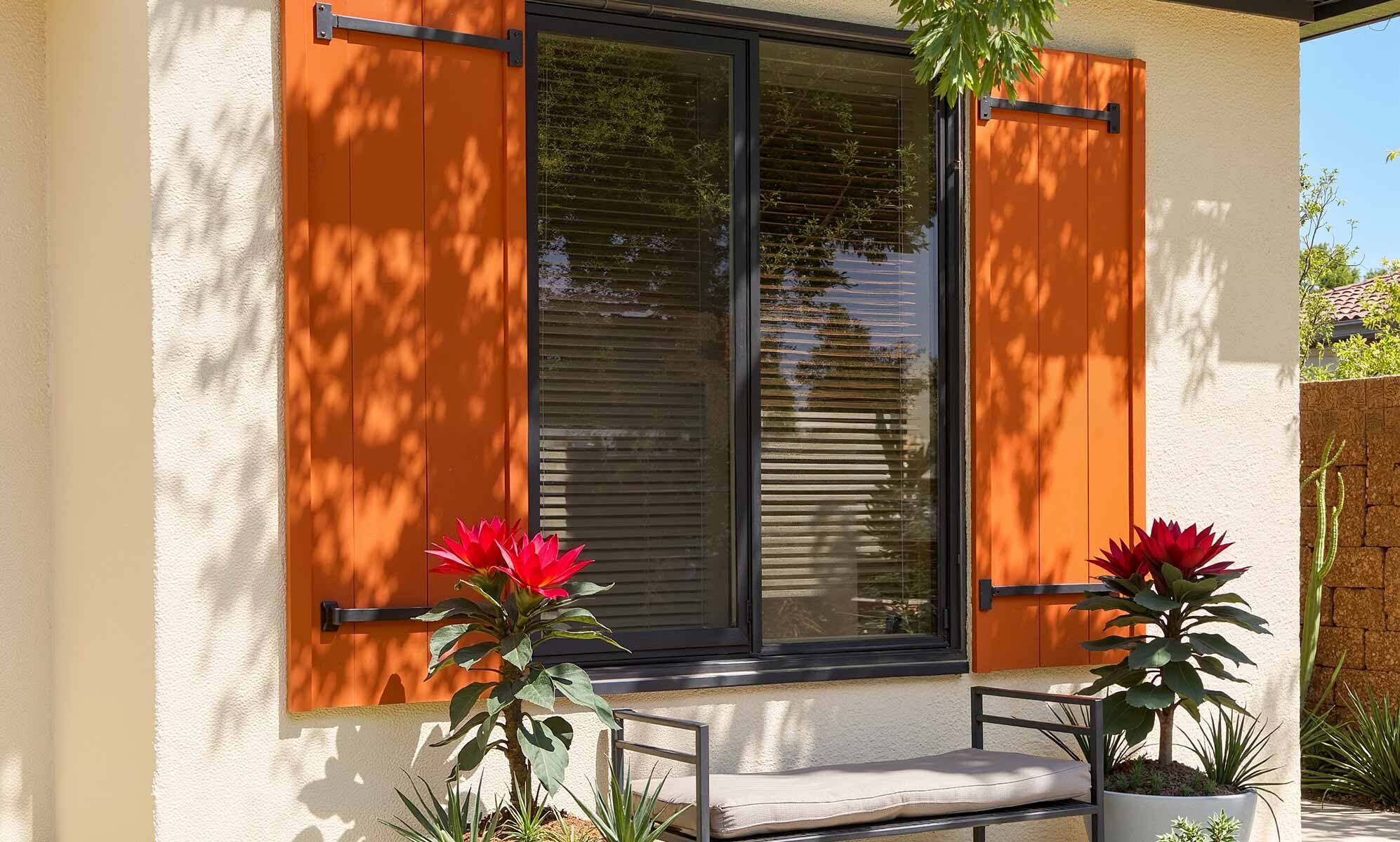 Arizona Desert Ranch with Sand-Colored Walls and Fiery Orange Shutters, shutter color ideas, shutter colors, shutter paint colors, shutter color trends, shutter color combinations, window shutter hues, painting shutters, Phoenix painter
