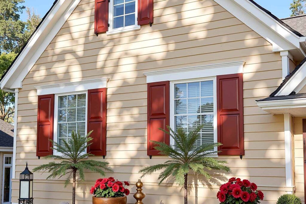 Beige Arcadia House with Burgundy Shutters and White Trim, shutter color ideas, shutter colors, shutter paint colors, shutter color trends, shutter color combinations, window shutter hues, painting shutters, Phoenix painter