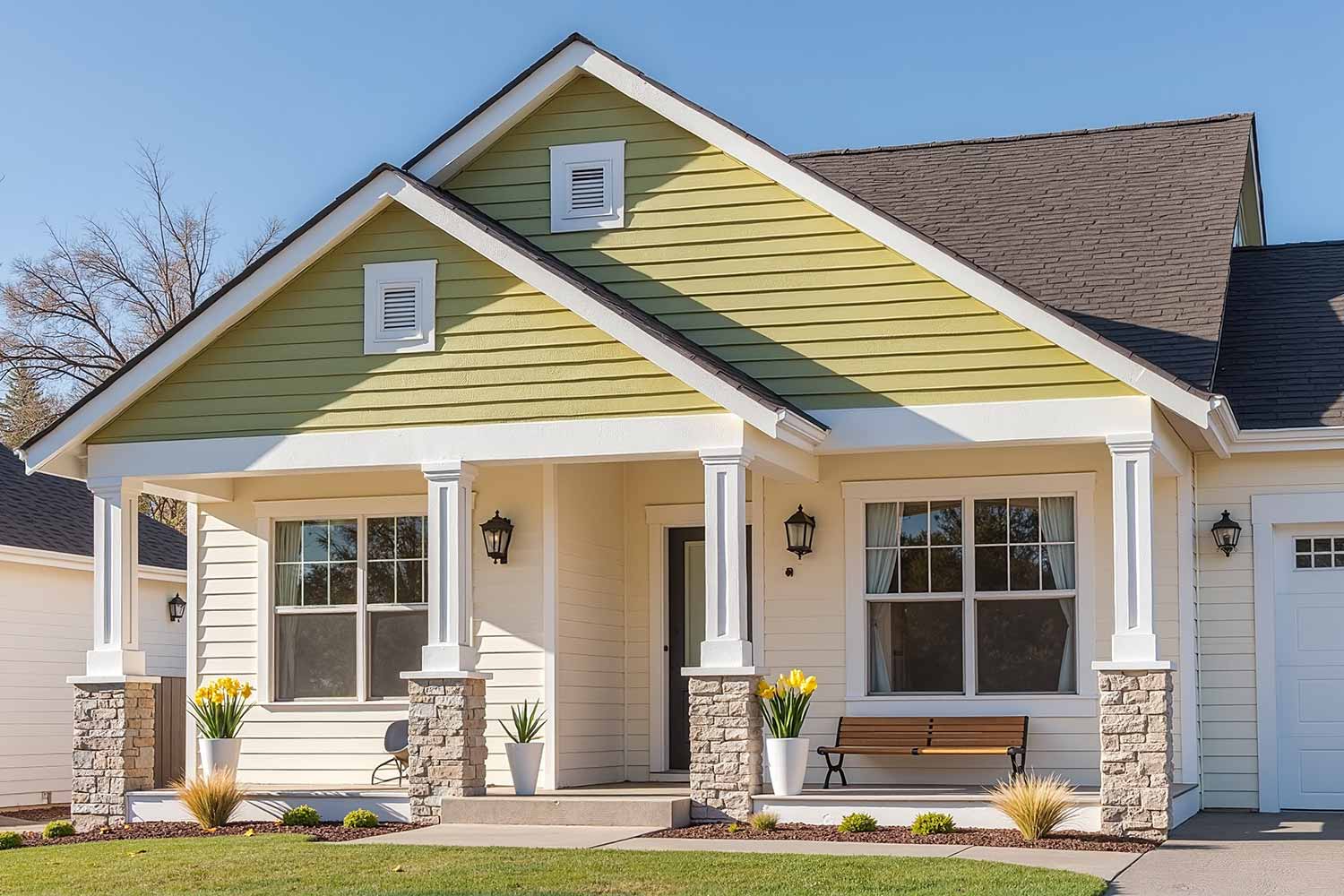Contemporary Arcadia Cottage with Cream Walls Pear Green Gables and White Trim, decorating gable features, triangular section finishing, roof end decoration, gable area coating, gable color enhancement, painting dormer, dormer painting, decorative truss, gable wall, gable colors, house painters Phoenix