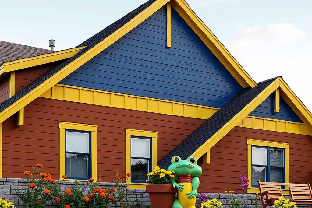 Craftsman Bungalow with Blue Gable Terracotta Walls and Sunflower Yellow Trim, decorating gable features, triangular section finishing, roof end decoration, gable area coating, gable color enhancement, painting dormer, dormer painting, decorative truss, gable wall, gable colors, house painters Phoenix