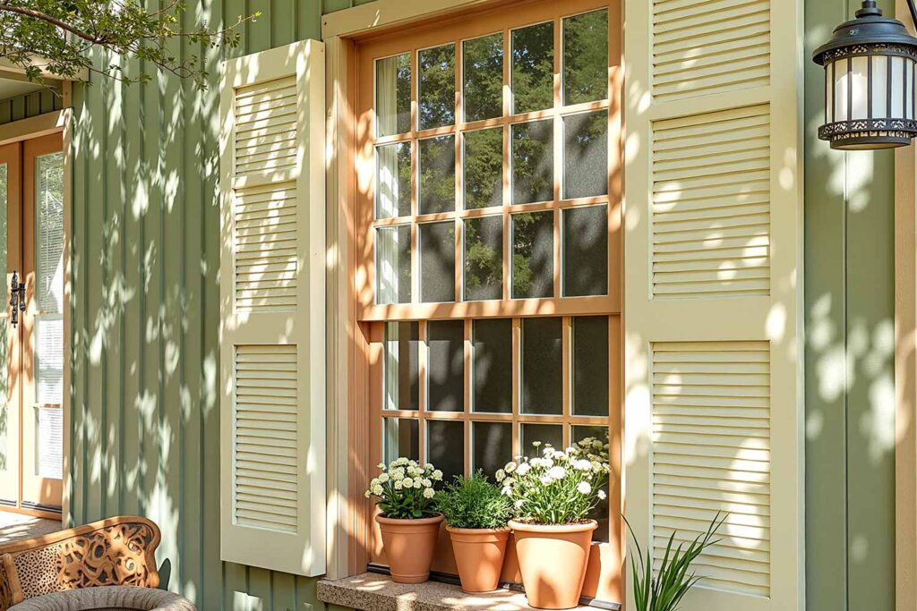 Craftsman Sage Green Phoenix House with Cream Shutters, shutter color ideas, shutter colors, shutter paint colors, shutter color trends, shutter color combinations, window shutter hues, painting shutters, Phoenix painter