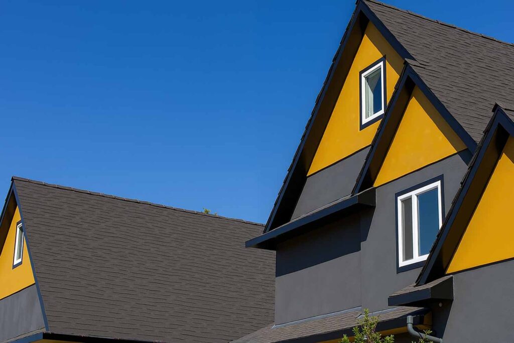 Mid-Century Modern Arcadia House with Charcoal Gray Walls Mustard Yellow Gables and Black Trim, painting house gables, painting gable ends, painting gables, gable painting, applying paint to house triangular ends, finishing home gable areas, home gable coloration, exterior painting