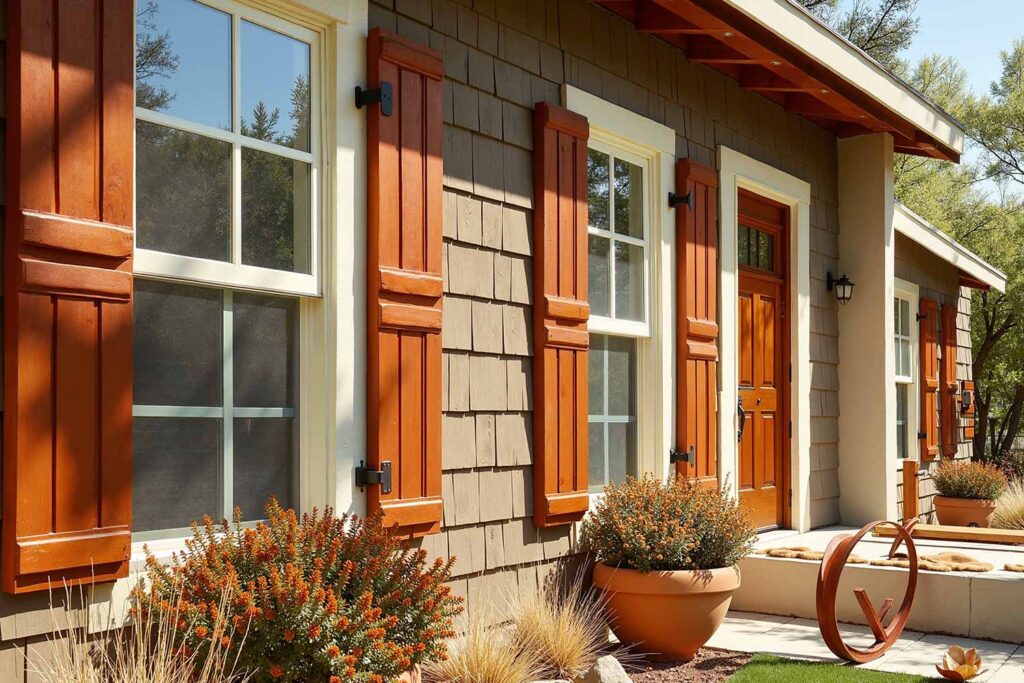 Mid-Century Modern Phoenix Home with Warm Taupe Walls and Burnt Sienna Shutters, shutter tints, shutter palettes, exterior shutters, custom shutter colors, shutter finish options, decorative shutters, shutter material colors, shutter style and color