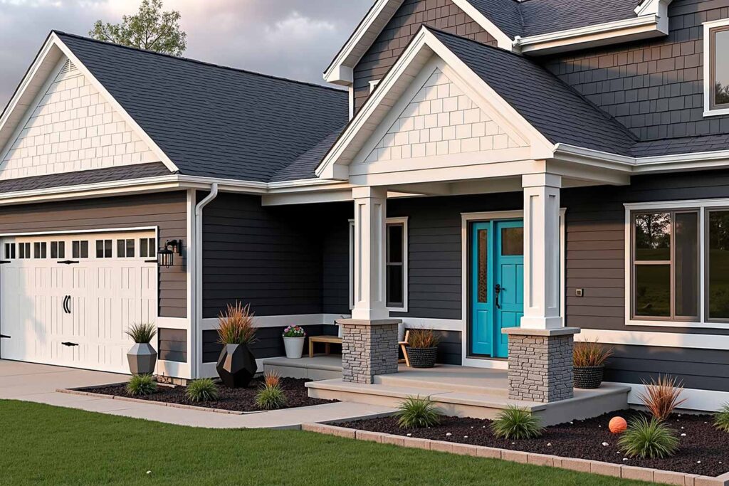 Modern Scottsdale Farmhouse with Black Walls White Gables and Aqua Door, painting house gables, painting gable ends, painting gables, gable painting, applying paint to house triangular ends, finishing home gable areas, home gable coloration, exterior painting