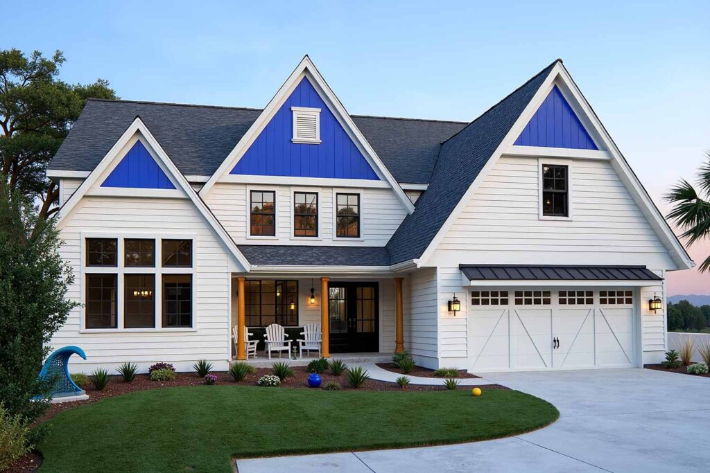 Phoenix Arcadia House with White Walls Cobalt Blue Gables and White Trim, painting house gables, painting gable ends, painting gables, gable painting, applying paint to house triangular ends, finishing home gable areas, home gable coloration, exterior painting