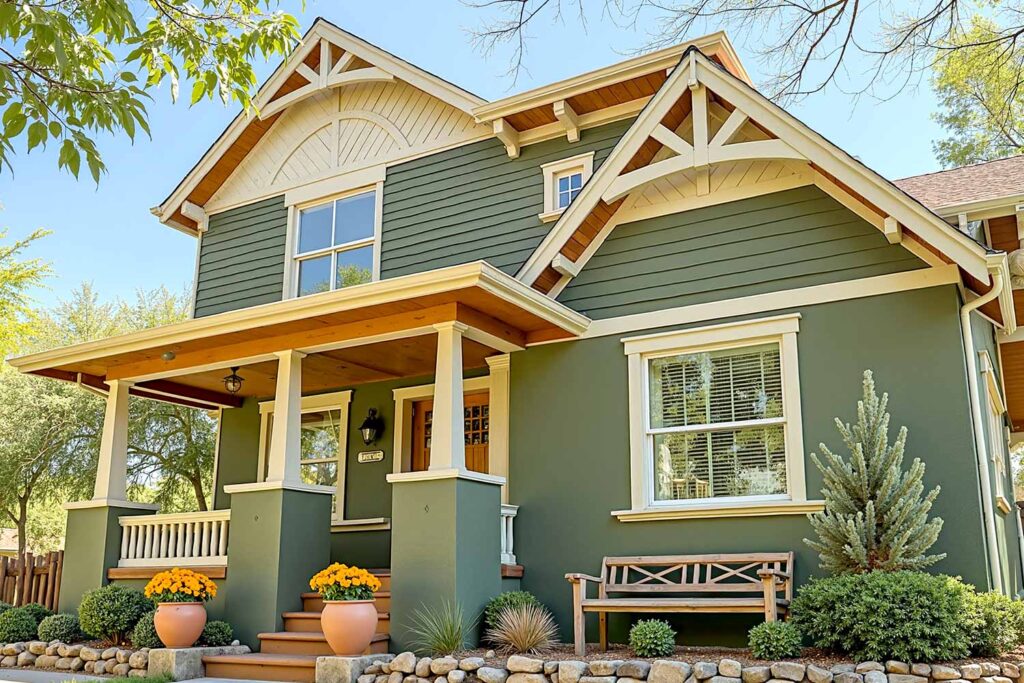 Phoenix Bungalow with Green Walls Cream Gables and Trim with Natural Wood Accents, painting house gables, painting gable ends, painting gables, gable painting, applying paint to house triangular ends, finishing home gable areas, home gable coloration, exterior painting