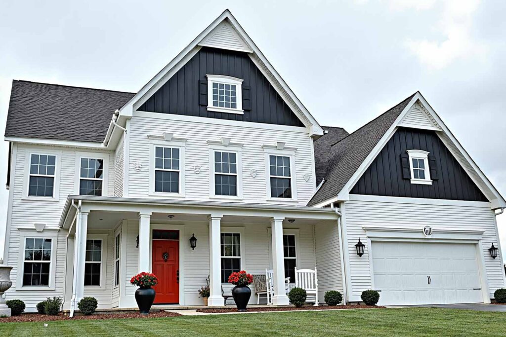 Phoenix Colonial House with White Walls Black Gables and Red Door, painting house gables, painting gable ends, painting gables, gable painting, applying paint to house triangular ends, finishing home gable areas, home gable coloration, exterior painting