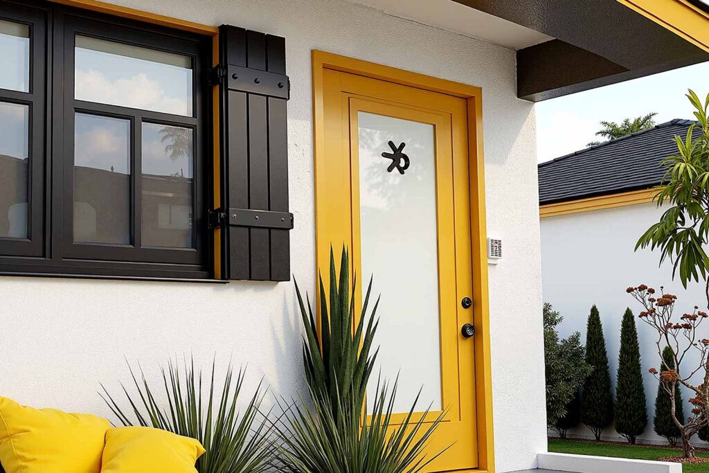 Phoenix Home With Pure White Walls Glossy Black Shutters and Yellow Trim, shutter tints, shutter palettes, exterior shutters, custom shutter colors, shutter finish options, decorative shutters, shutter material colors, shutter style and color