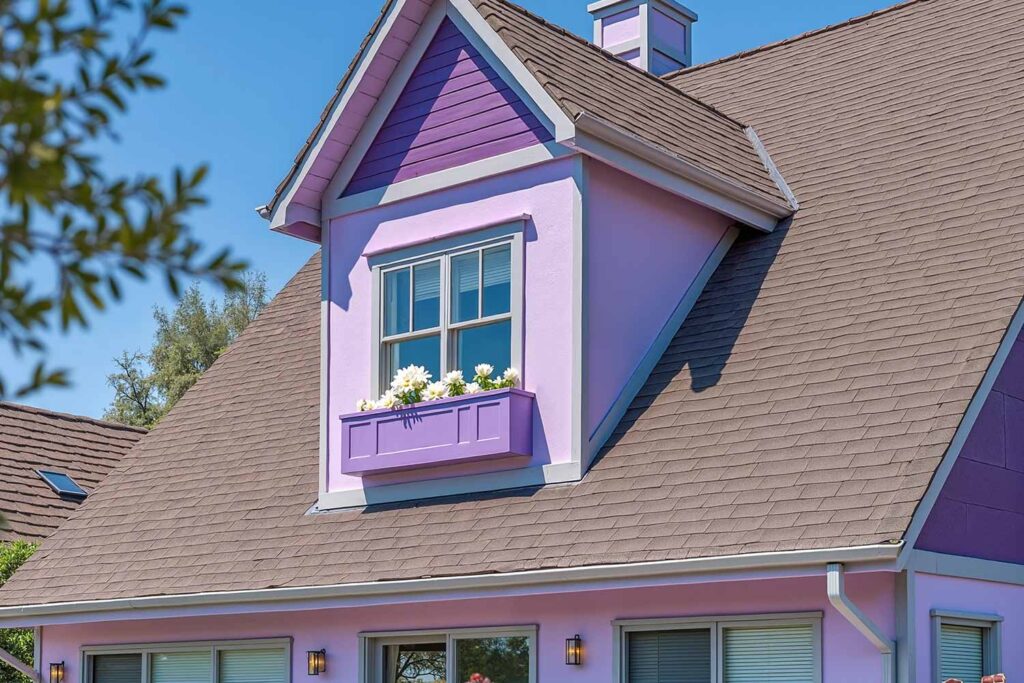 Phoenix House with Light Lavender Walls Deep Purple Gables and Silvery Gray Trim, coloring triangular wall ends, finishing triangular facade sections, coating gable faces, gable end coloration, peak end finishing, applying paint to architectural peaks, finishing triangular roof sections, house painting exterior