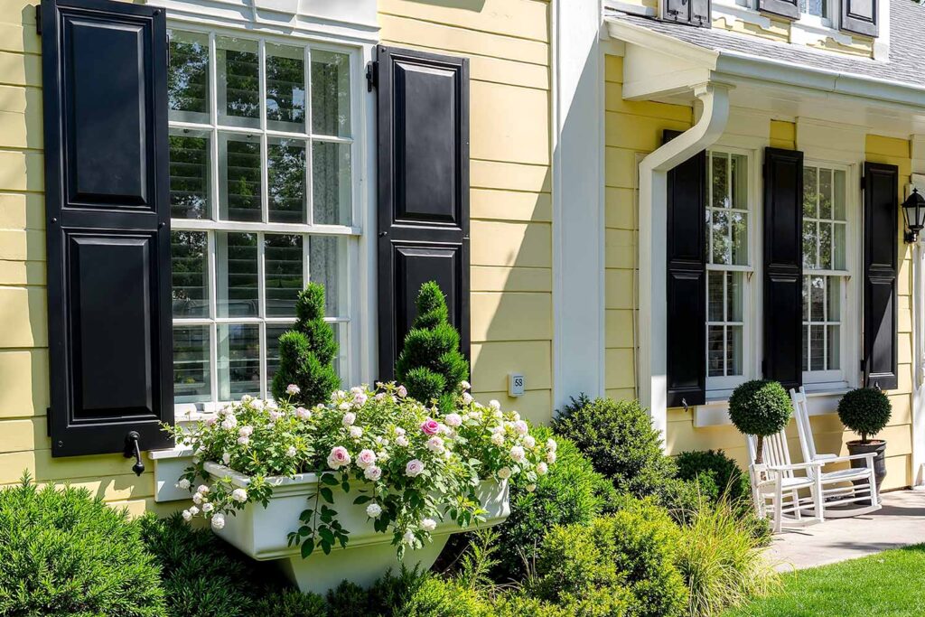 Scottsdale Colonial Revival Light Yellow House with White Trim and Black Shutters, shutter tints, shutter palettes, exterior shutters, custom shutter colors, shutter finish options, decorative shutters, shutter material colors, shutter style and color