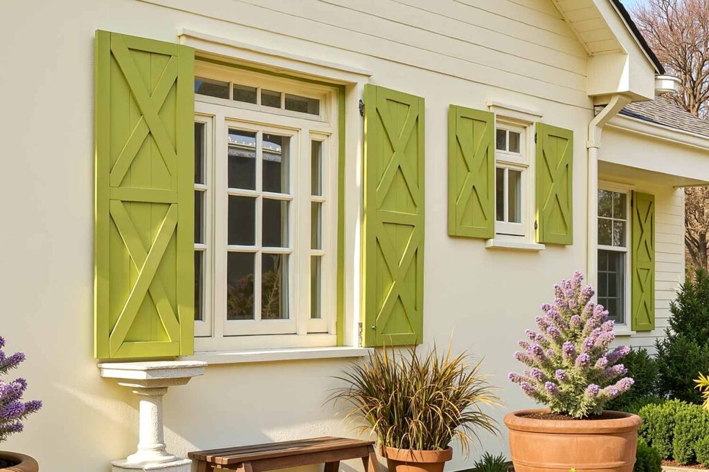Traditional Cream House with Yellowish Pear Green Shutters and Ivory Trim, shutter tints, shutter palettes, exterior shutters, custom shutter colors, shutter finish options, decorative shutters, shutter material colors, shutter style and color