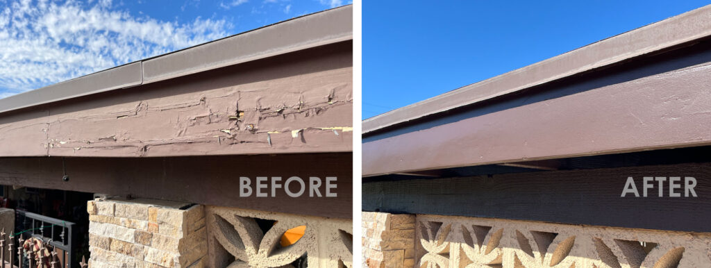 crumbling peeling paint on fascia BEFORE, smooth brown paint on fascia AFTER, Phoenix Arizona