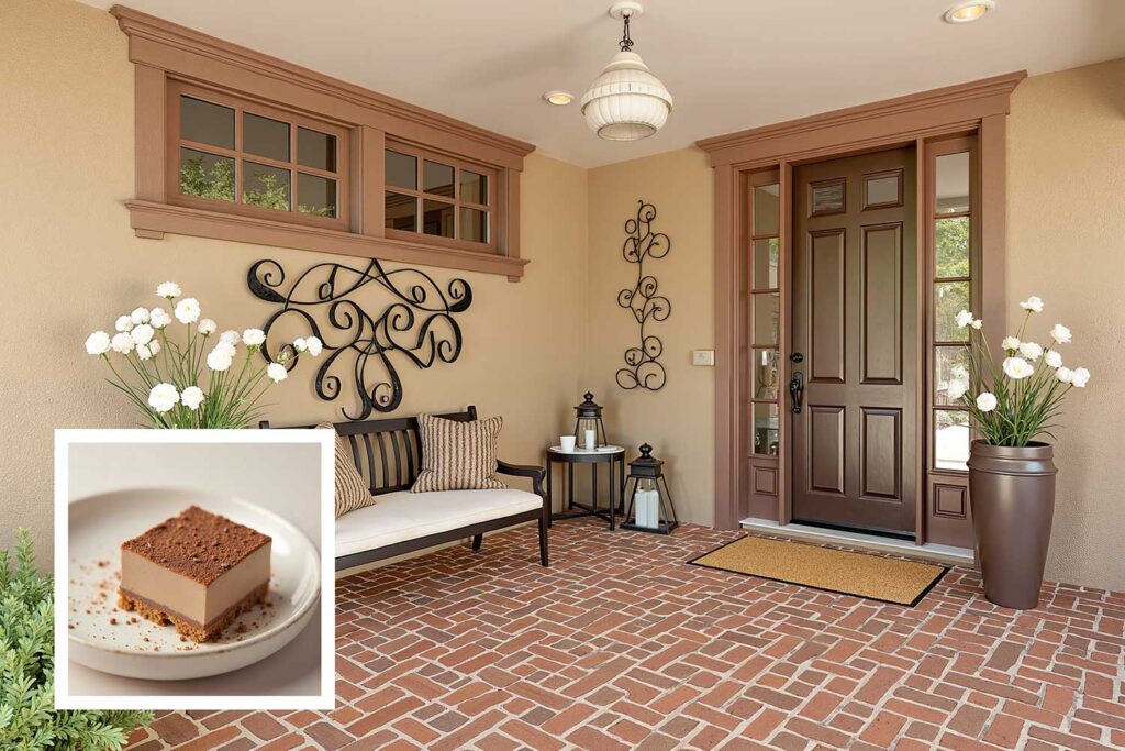 Arcadia front porch with taupe walls and dark taupe trim and cacao brown front door, exterior house paint colors inspired by Instagram desserts, exterior house paint colors inspired by food , house paint colors inspired by food, unique house color inspiration from Instagram desserts, color schemes from food, home exterior colors from food, house colors, paint colors, color ideas, home colors, color inspiration