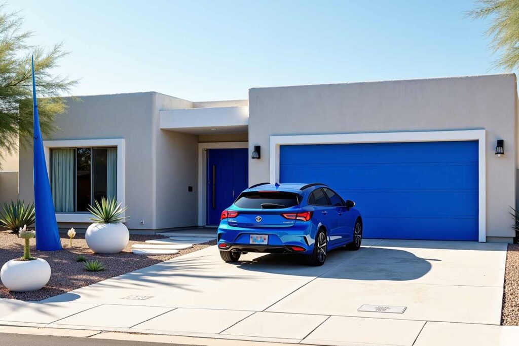 Arcadia house with pale gray stucco white trim and blue garage door and car, car and house color ideas, house and car colors, match your house to your car, let your car drive your house color choice, best exterior house colors for phoenix, how to match house color to car, car and house color coordination ideas, car and house color ideas, home and vehicle color schemes