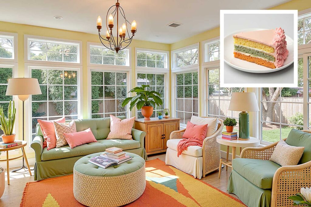 Arcadia sun room with yellow walls and white trim and sage green sofa and coral accents, house color inspiration, interior house paint colors inspired by food unique house color inspiration from everyday items, unique house color inspiration from instagram food, unique house color inspiration from instagram desserts, interior color schemes based on desserts
