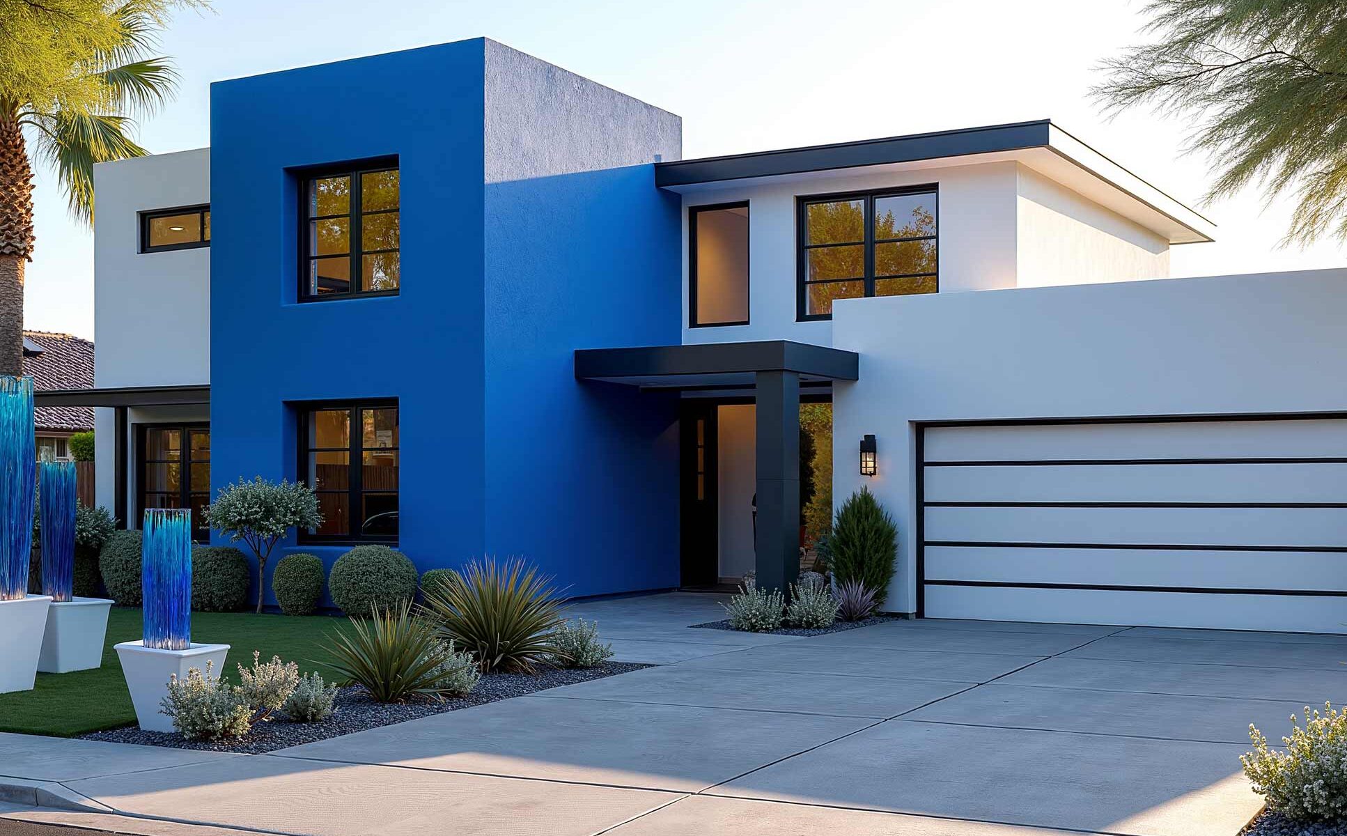 Contemporary house crisp white walls cobalt blue accent black trim glass sculpture, exterior house painting contractors, Residential exterior painters, Home exterior painting professionals, Exterior house painters, House painting services, Exterior painting specialists, Home painting contractors, Exterior painting companies, Residential painting contractors, House exterior paint contractors, Exterior home painters, Professional house painters