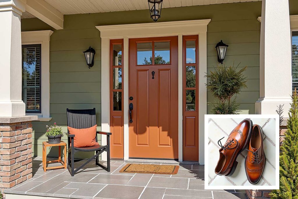 Craftsman Home with Burnt Sienna Front Door and Olive Green Walls, house color ideas from shoes, matching house color to shoes, house color ideas from shoe wardrobe, letting shoes inspire house color choice, matching shoe color to house exterior, using shoe colors to select home paint, choosing house color based on shoes, coordinating home paint with shoes