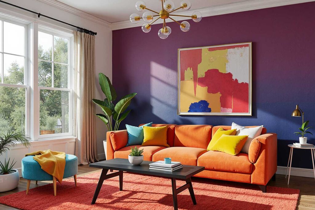 Eclectic living room with purple ombre walls white trim and orange sofa, painting-bright-colors-in-modern-living-room, The Power of Paint: Transforming Your Living Space with Color, Modern Living Room, Bryce House Painting