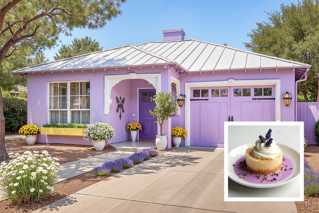 French-inspired Arcadia cottage with lavender walls and white trim and deep purple door, exterior house paint colors inspired by Instagram desserts, exterior house paint colors inspired by food , house paint colors inspired by food, unique house color inspiration from Instagram desserts, color schemes from food, home exterior colors from food, house colors, paint colors, color ideas, home colors, color inspiration
