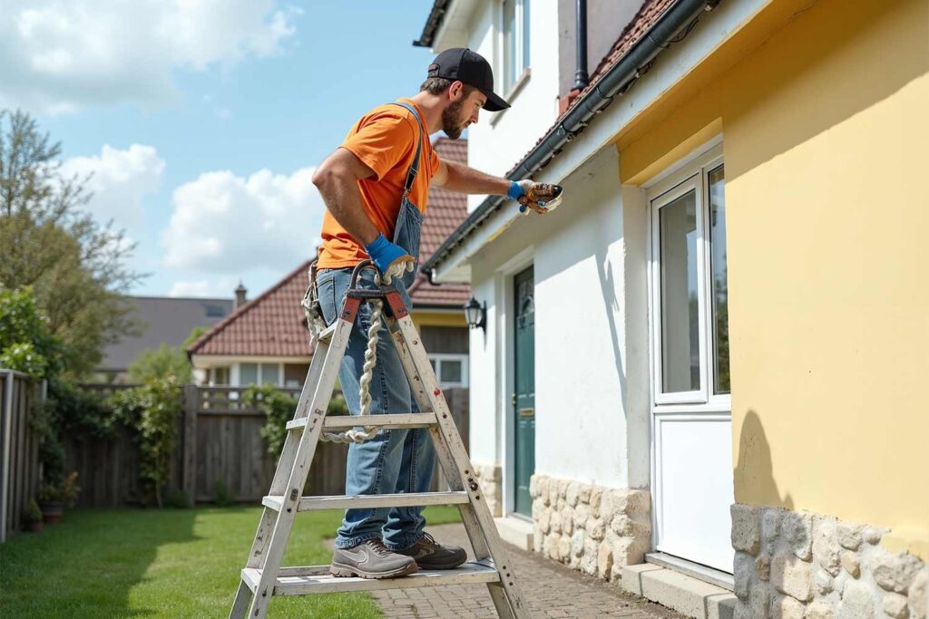 Man on a ladder painting house, painting the exterior of a house