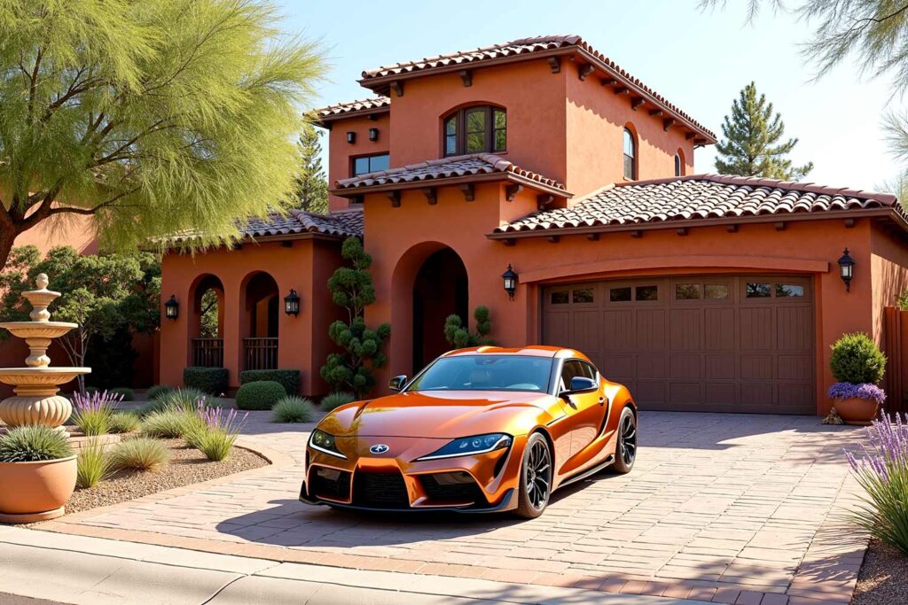 Mediterranean terracotta house with brown trim and garage door and copper sports car, car-influenced home color palettes, matching your ride and residence, car and house paint harmony, car-themed house color inspiration, color pairings for cars and homes, sync your car and house colors, vehicle-inspired home exteriors, house color ideas from your car