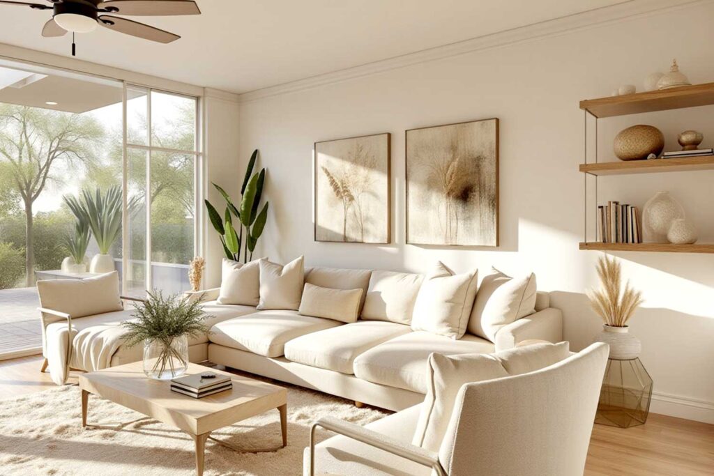 Minimalist living room with soft cream walls white trim and blonde wood flooring, A-Wide-format-Image-Of-A-Living-Room-With-A-Light, The Power of Paint: Transforming Your Living Space with Color, Modern Living Room, Bryce House Painting