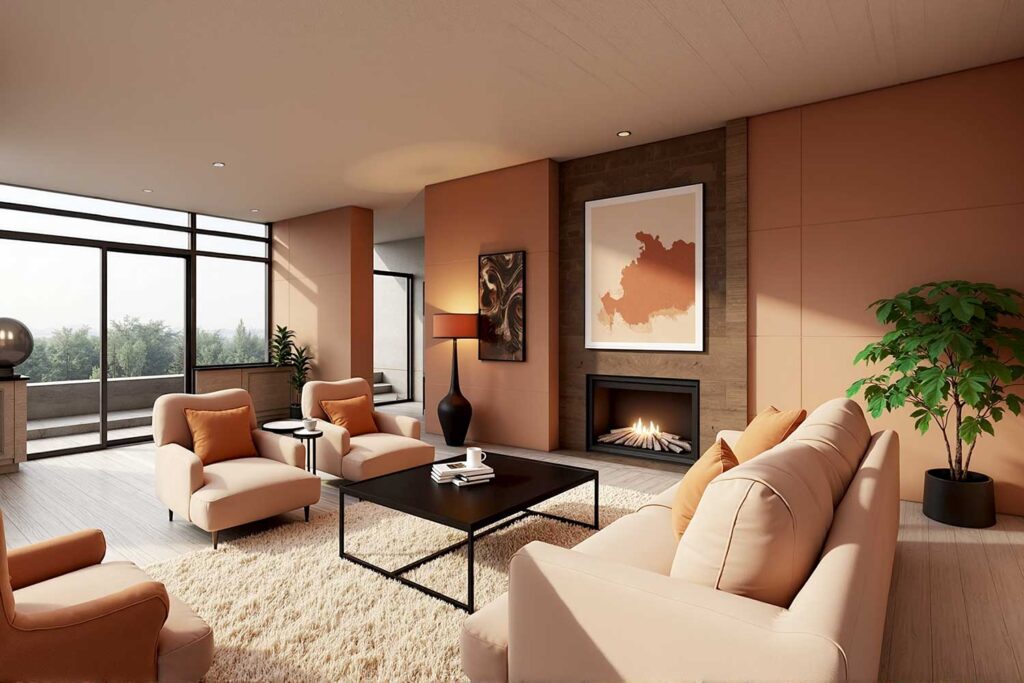 Modern living room with terracotta walls cream trim and light wood flooring, Moody Modern Living Room In Warm Or Cool Colors, The Power of Paint: Transforming Your Living Space with Color, Modern Living Room, Bryce House Painting