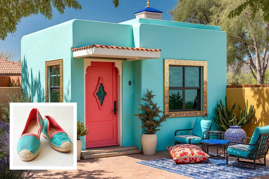 Moroccan Desert Fantasy Guest House with Turquoise Walls Cream Trim and Coral Door, house color ideas from shoes, matching house color to shoes, house color ideas from shoe wardrobe, letting shoes inspire house color choice, matching shoe color to house exterior, using shoe colors to select home paint, choosing house color based on shoes, coordinating home paint with shoes