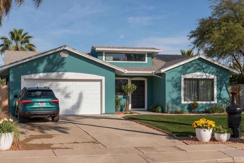 Phoenix Arcadia house with teal walls white accents and teal SUV, car and home color coordination, house and auto color ideas, matching car and house paint, car-inspired house colors, vehicle and house color combos, exterior colors for cars and homes, car-driven home color choices, house colors to match your car, coordinated car and home exteriors, car and house color matching, harmonize car and house colors