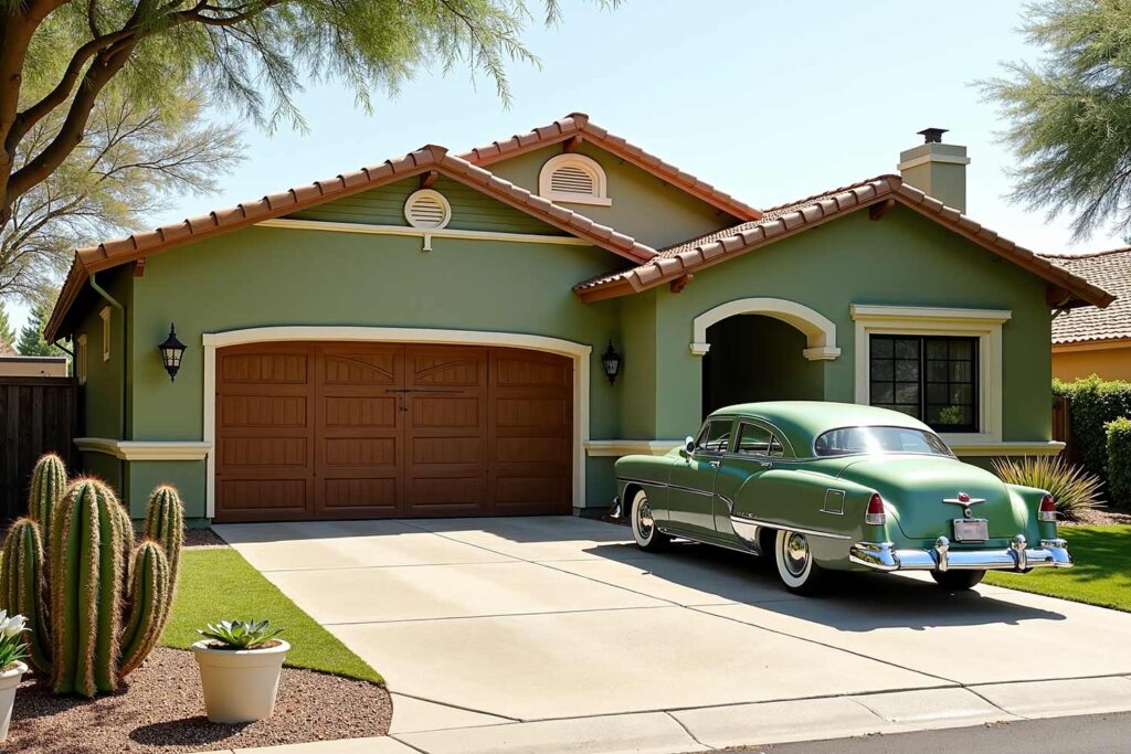 Phoenix craftsman house with green siding walls cream trim and classic green sedan, car and home color coordination, house and auto color ideas, matching car and house paint, car-inspired house colors, vehicle and house color combos, exterior colors for cars and homes, car-driven home color choices, house colors to match your car, coordinated car and home exteriors, car and house color matching, harmonize car and house colors