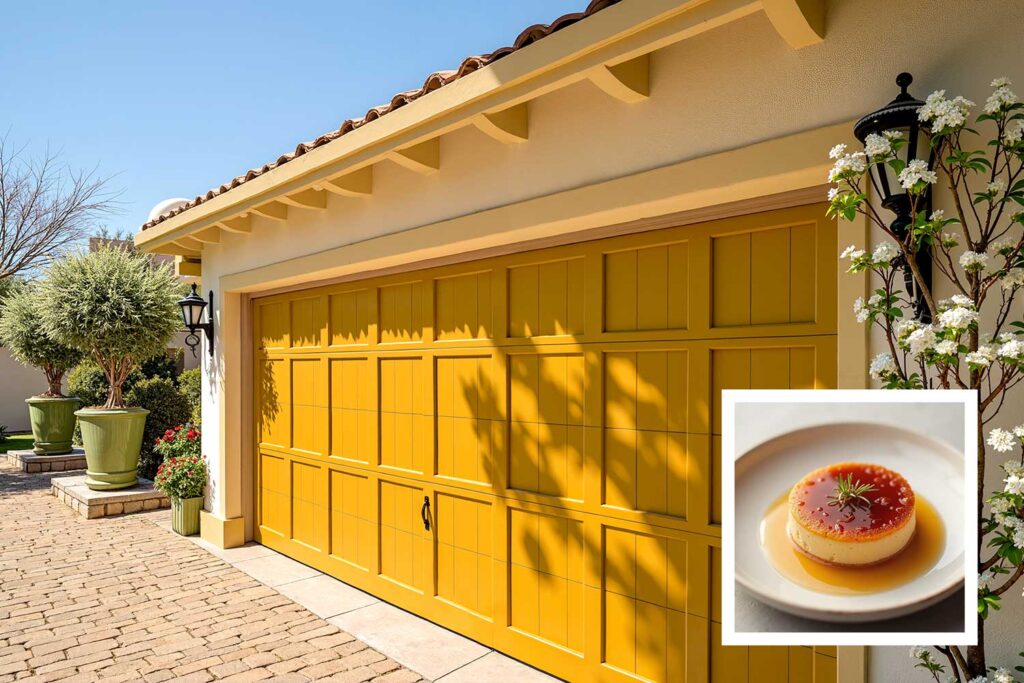Phoenix garage with caramel gold door warm cream walls light gold trim, exterior house paint colors inspired by Instagram desserts, exterior house paint colors inspired by food , house paint colors inspired by food, unique house color inspiration from Instagram desserts, color schemes from food, home exterior colors from food, house colors, paint colors, color ideas, home colors, color inspiration