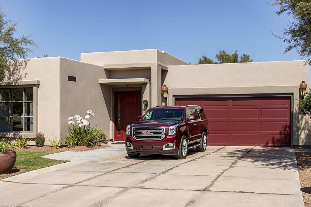 Scottsdale house with taupe walls burgundy garage door and burgundy SUV, car and house color ideas, house and car colors, match your house to your car, let your car drive your house color choice, best exterior house colors for phoenix, how to match house color to car, car and house color coordination ideas, car and house color ideas, home and vehicle color schemes