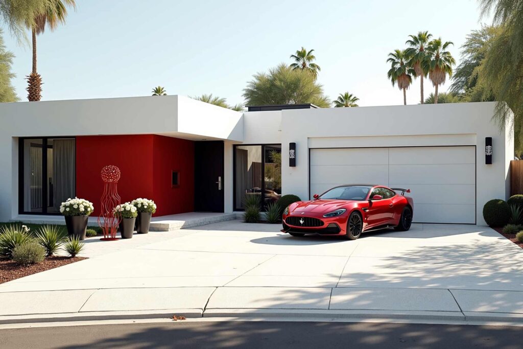 Scottsdale house with white walls black trim red accent and red car, car and house color ideas, house and car colors, match your house to your car, let your car drive your house color choice, best exterior house colors for phoenix, how to match house color to car, car and house color coordination ideas, car and house color ideas, home and vehicle color schemes