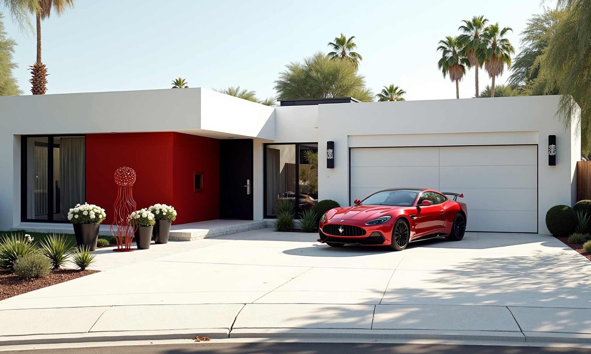 Scottsdale house with white walls black trim red accent and red car, car and house color ideas, house and car colors, match your house to your car, let your car drive your house color choice, best exterior house colors for phoenix, how to match house color to car, car and house color coordination ideas, car and house color ideas, home and vehicle color schemes