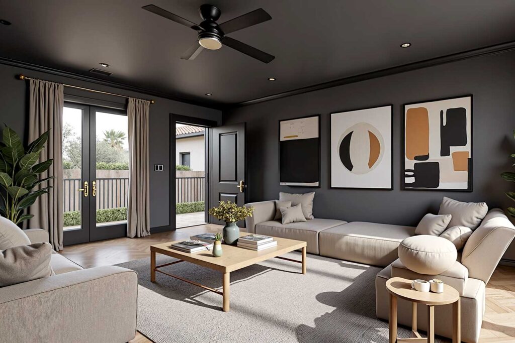 Sophisticated living room with charcoal gray walls light trim and wood floors, A-Wide-format-Image-Of-A-Living-Room-With-A-Dark-F, The Power of Paint: Transforming Your Living Space with Color, Modern Living Room, Bryce House Painting