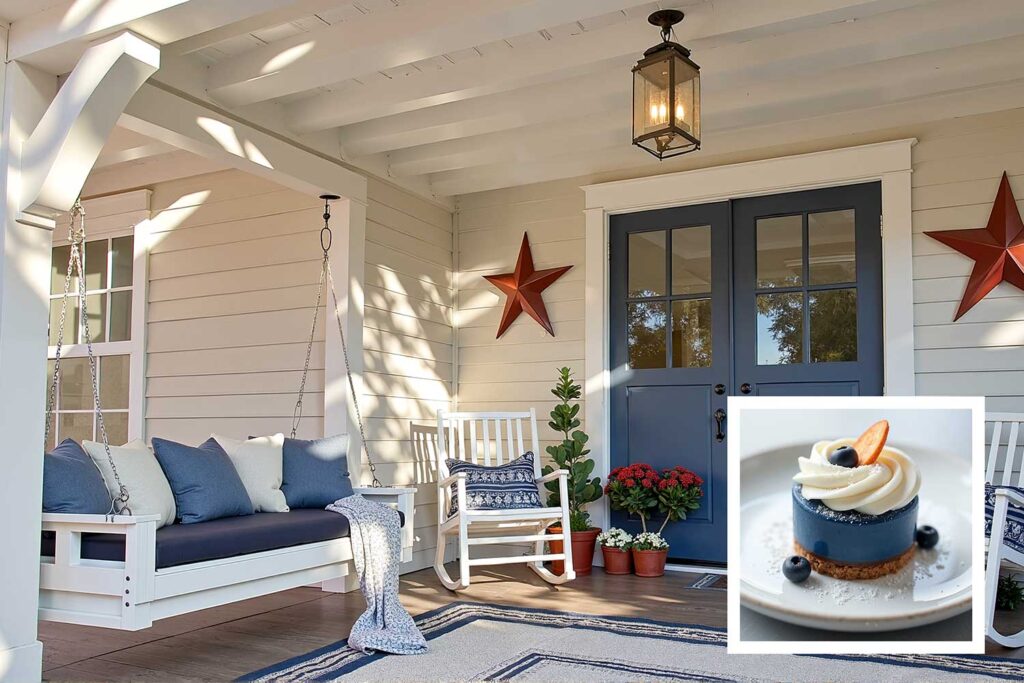 Traditional American house with cream walls white trim porch swing and navy blue door, exterior house paint colors inspired by Instagram desserts, exterior house paint colors inspired by food , house paint colors inspired by food, unique house color inspiration from Instagram desserts, color schemes from food, home exterior colors from food, house colors, paint colors, color ideas, home colors, color inspiration