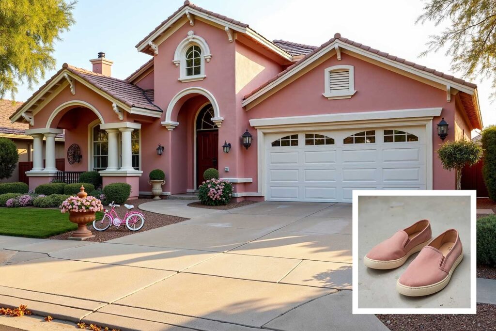 Victorian house in dusty rose pink white trim two car garage Scottsdale exterior, house color ideas from shoes, matching house color to shoes, house color ideas from shoe wardrobe, letting shoes inspire house color choice, matching shoe color to house exterior, using shoe colors to select home paint, choosing house color based on shoes, coordinating home paint with shoes