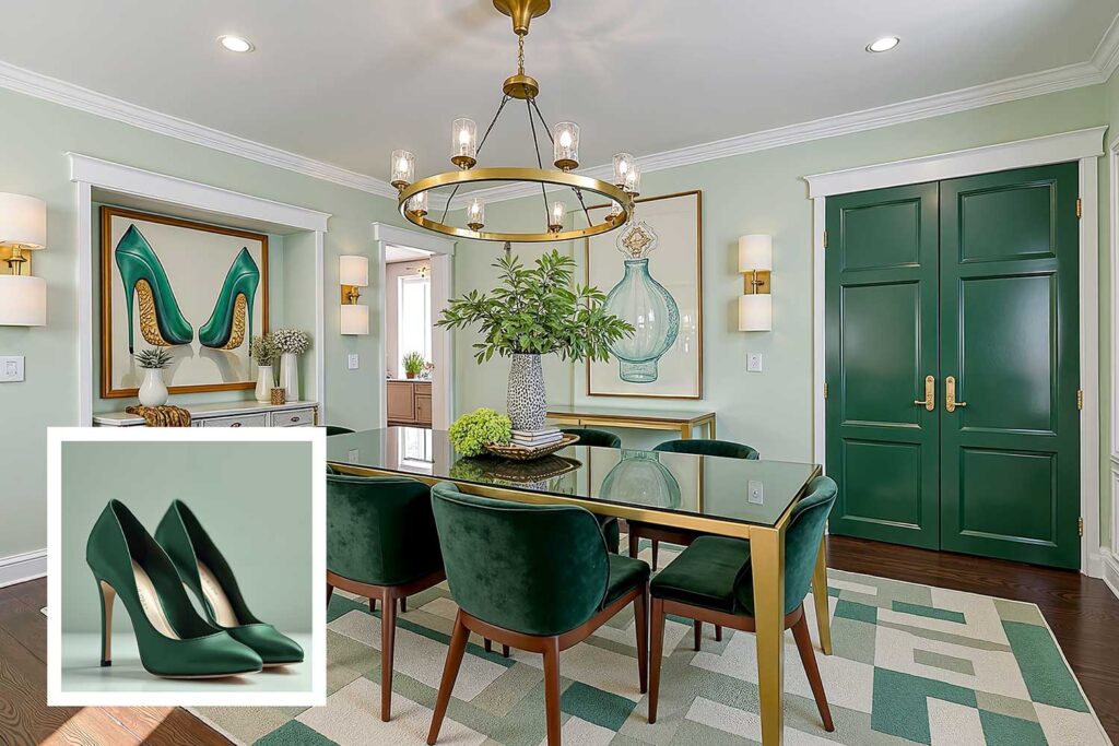 art deco dining room light sage walls and emerald green door with brass hardware, house color ideas from shoes, matching house color to shoes, house color ideas from shoe wardrobe, letting shoes inspire house color choice, matching shoe color to house exterior, using shoe colors to select home paint, choosing house color based on shoes, coordinating home paint with shoes