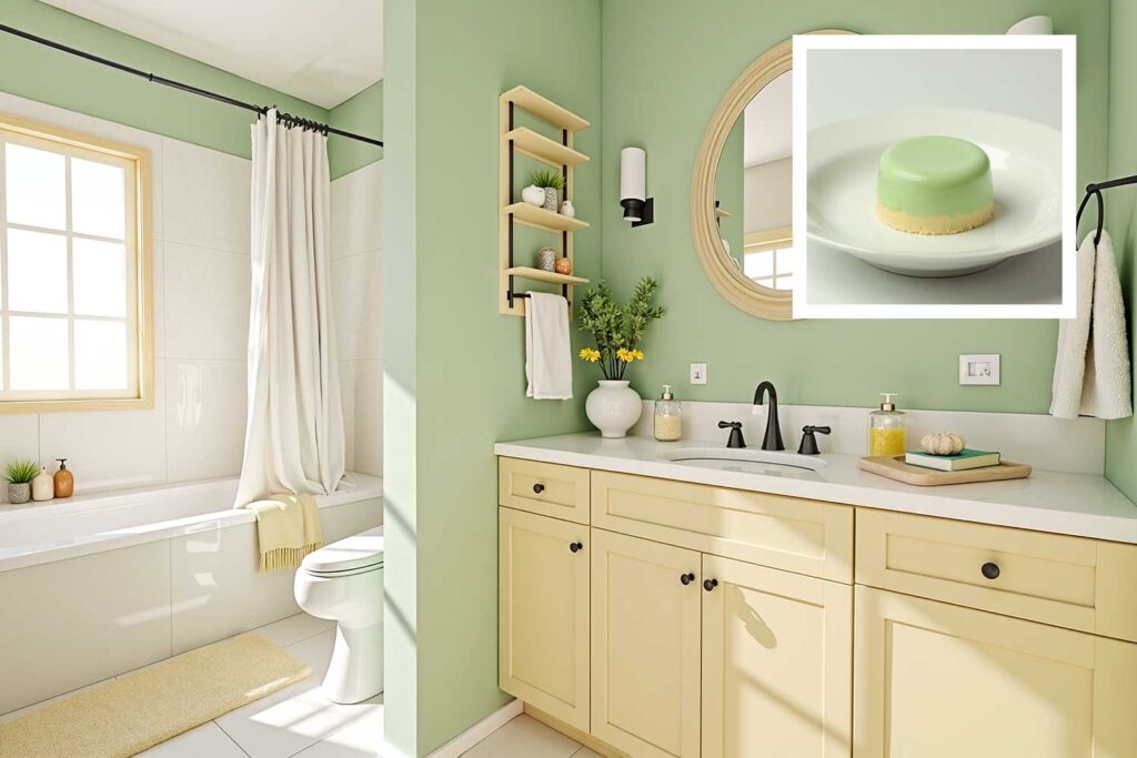 bathroom with mint green walls and creamy beige tile and pastel yellow vanity, house color inspiration, interior house paint colors inspired by food unique house color inspiration from everyday items, unique house color inspiration from instagram food, unique house color inspiration from instagram desserts, interior color schemes based on desserts
