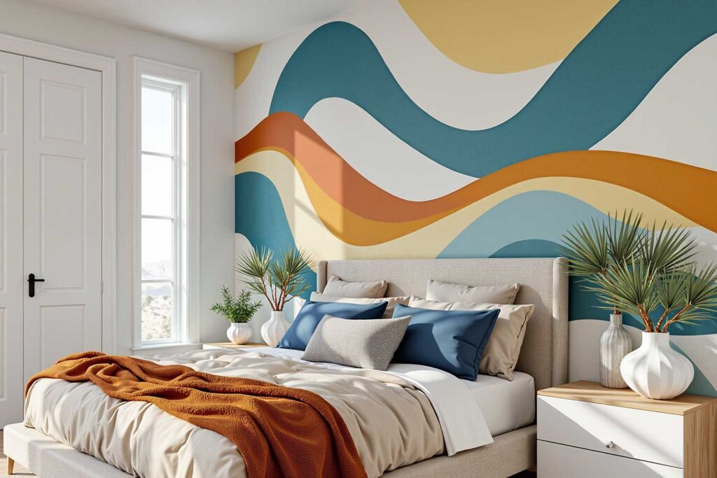 bedroom with colorful wave accent wall white trim and light wood floors, personal-expression-in-painted-walls, personal expression, The Power of Paint: Transforming Your Living Space with Color, Modern Living Room, Bryce House Painting
