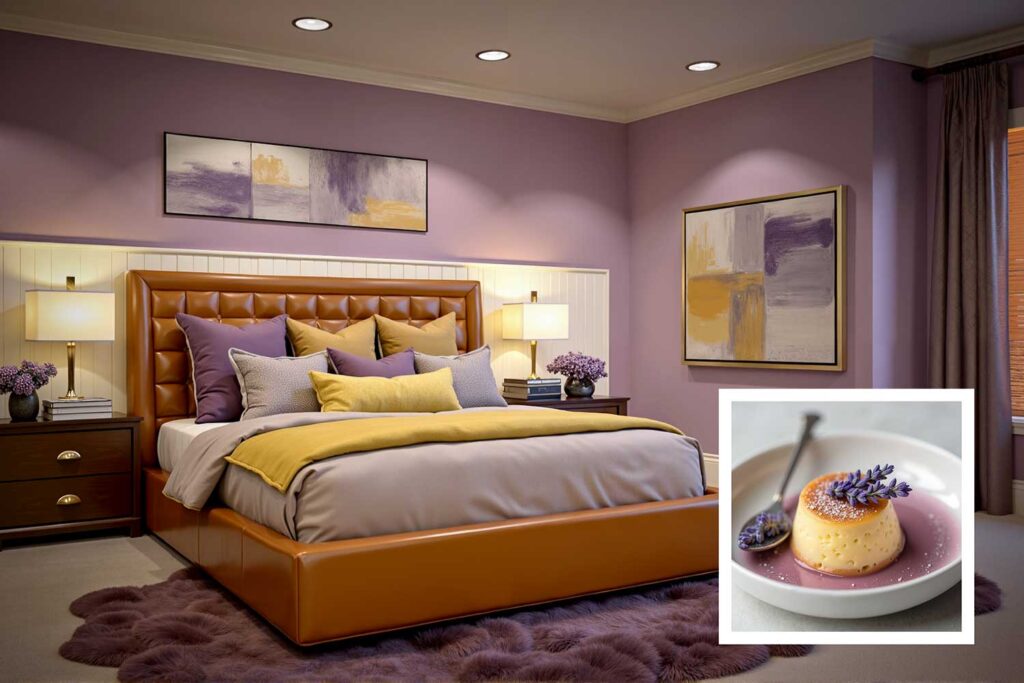 bedroom with lavender plum walls and cream trim and rich caramel headboard at sunset, house color inspiration, interior house paint colors inspired by food unique house color inspiration from everyday items, unique house color inspiration from instagram food, unique house color inspiration from instagram desserts, interior color schemes based on desserts