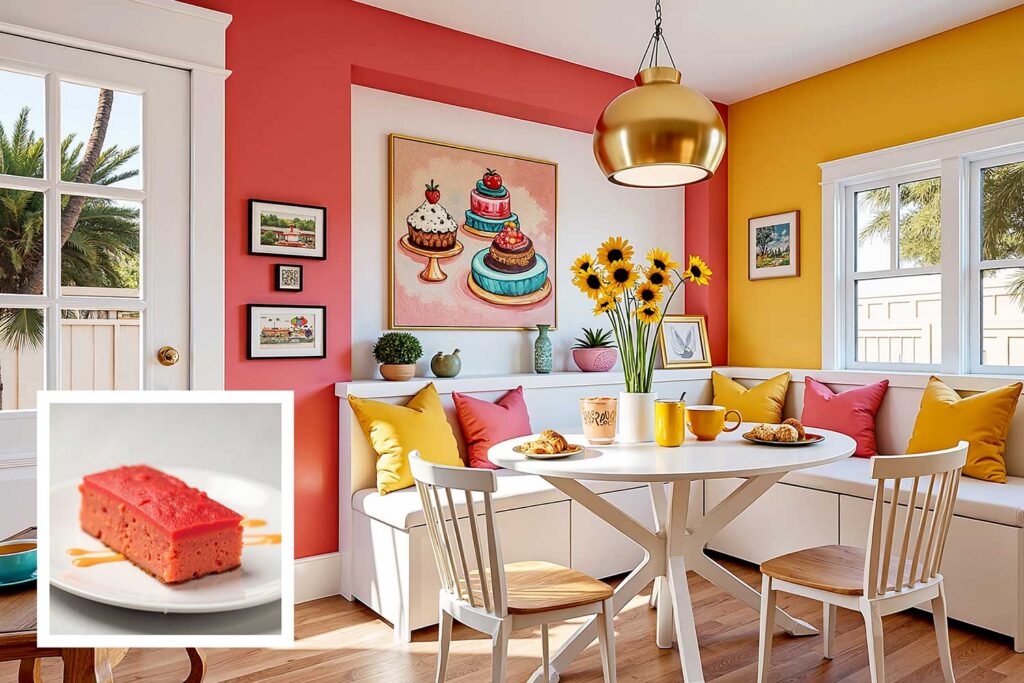 cheerful breakfast nook with strawberry pink and butterscotch walls with white trim, house color inspiration, interior house paint colors inspired by food unique house color inspiration from everyday items, unique house color inspiration from instagram food, unique house color inspiration from instagram desserts, interior color schemes based on desserts